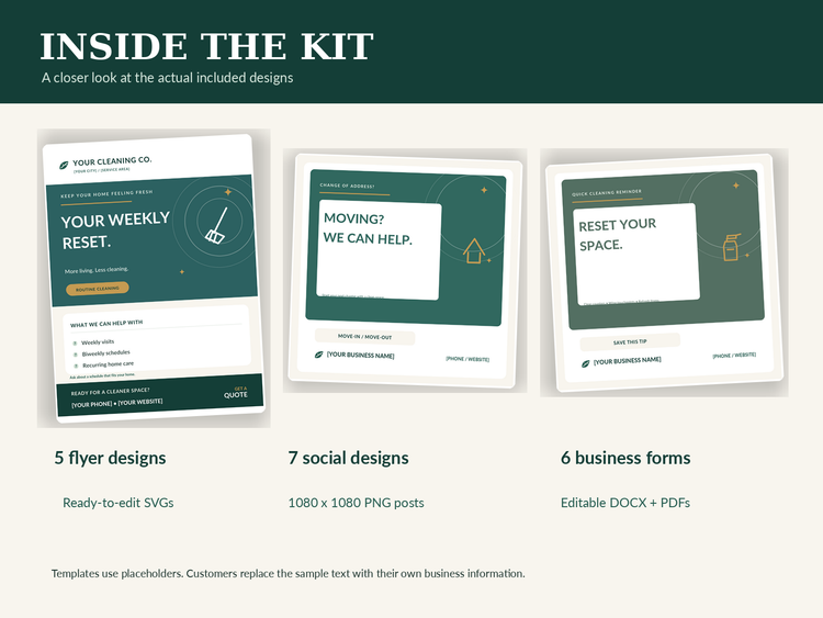 Gallery of included flyer designs, social posts and business forms