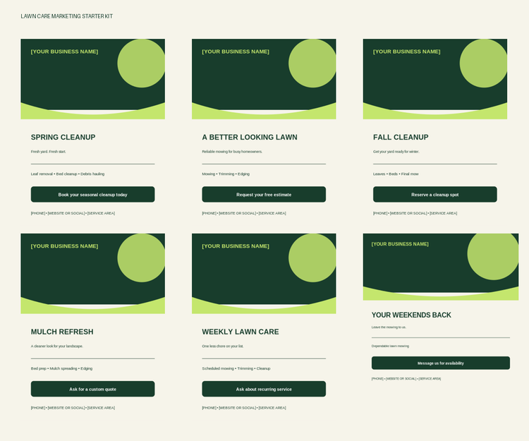 Preview of lawn care marketing kit flyers and social media templates